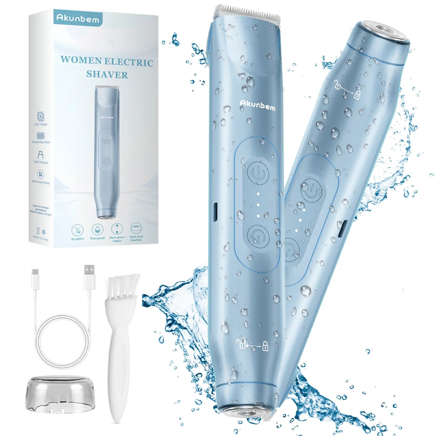 Akunbem Bikini Trimmer for Women, Electric Shaver and Razor Rechargeable 2-In-1 Body and Facial Epilator, Dual Heads for Painless Trimming of Pubic Hair, Face, Underarms and Legs, IPX7 Waterproof. Christmas Gift New Year Gift Shaving Grooming